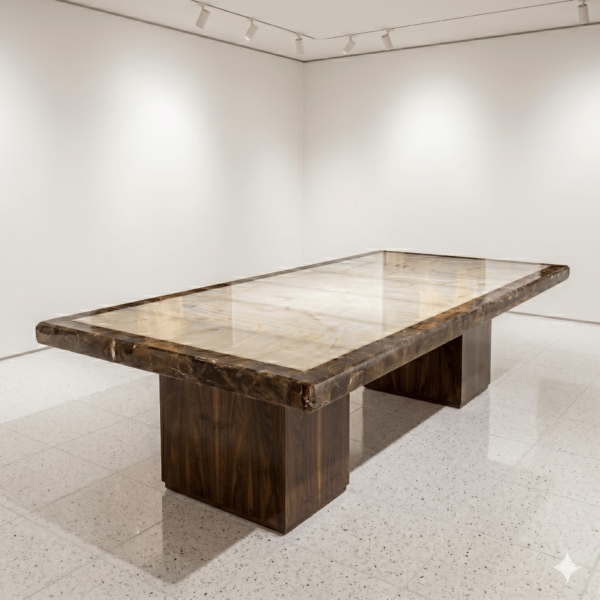 Mesa de comedor de ónix blanco en sala moderna