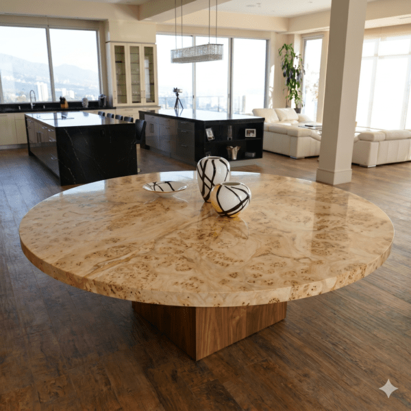 Mesa redonda de marmol de 160 cm con base de madera Artesanias Mayo