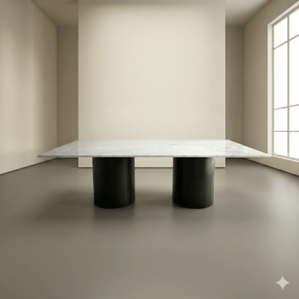 Mesa rectangular de mármol con dos bases circulares de madera para comedor moderno
