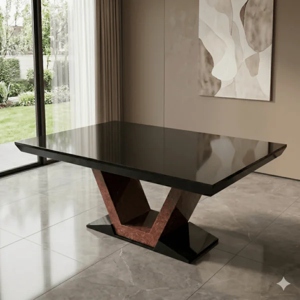 mesa diseño Vicenza en granito black Galaxy con base v en marmol rojo granada