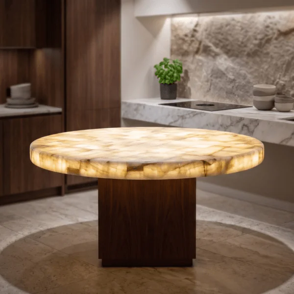 mesa de onix redonda con base de madera
