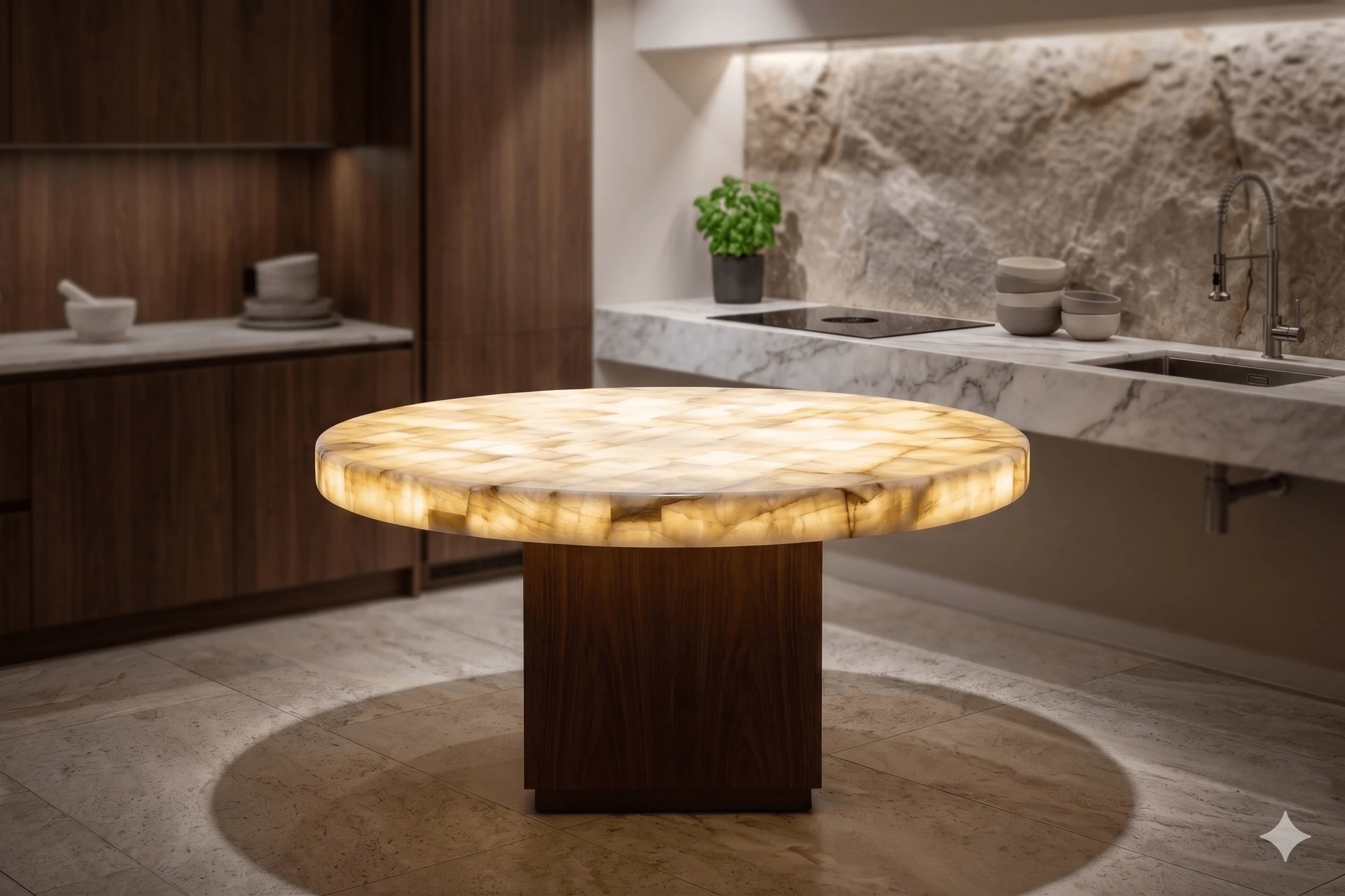 mesa de onix redonda con base de madera